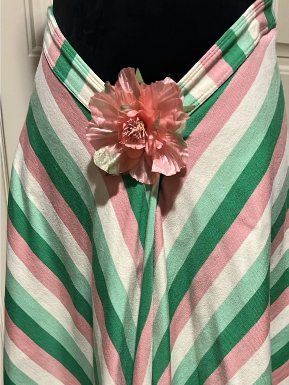 le chateau Pink, Green, White Asymmetrical Stripe Skirt with Floral Accent